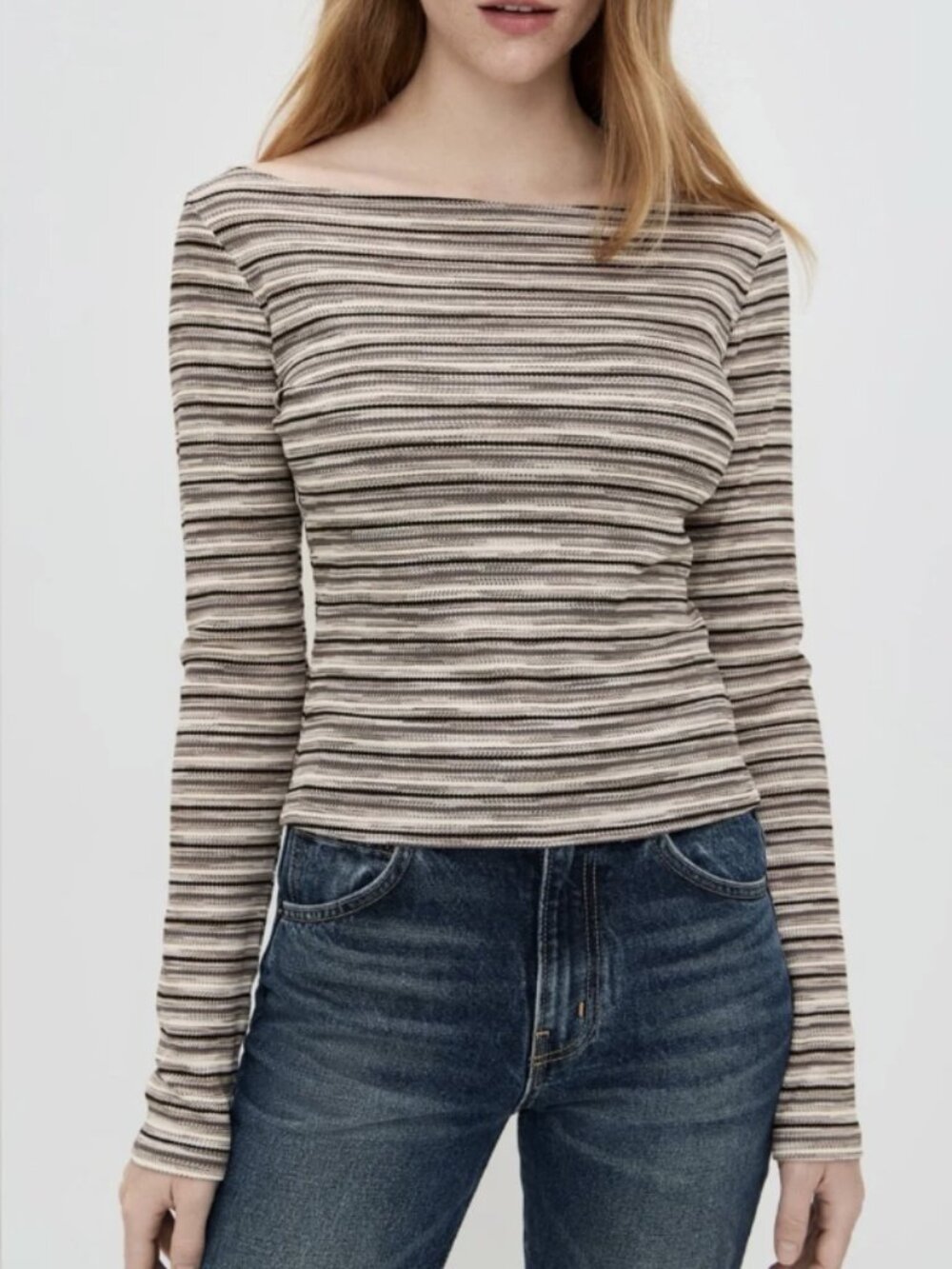Reformation Wiley Striped Boatneck Long Sleeve Top in Grey Stripe - Size M, NWT